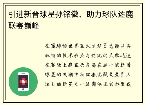 引进新晋球星孙铭徽，助力球队逐鹿联赛巅峰