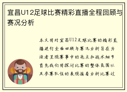 宜昌U12足球比赛精彩直播全程回顾与赛况分析
